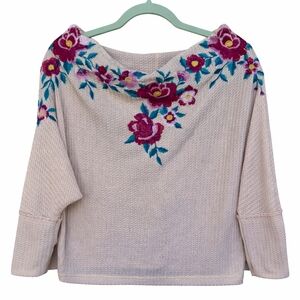 Umgee Floral Embroidered Waffle Knit Boho Top Medium Off The Shoulder Western